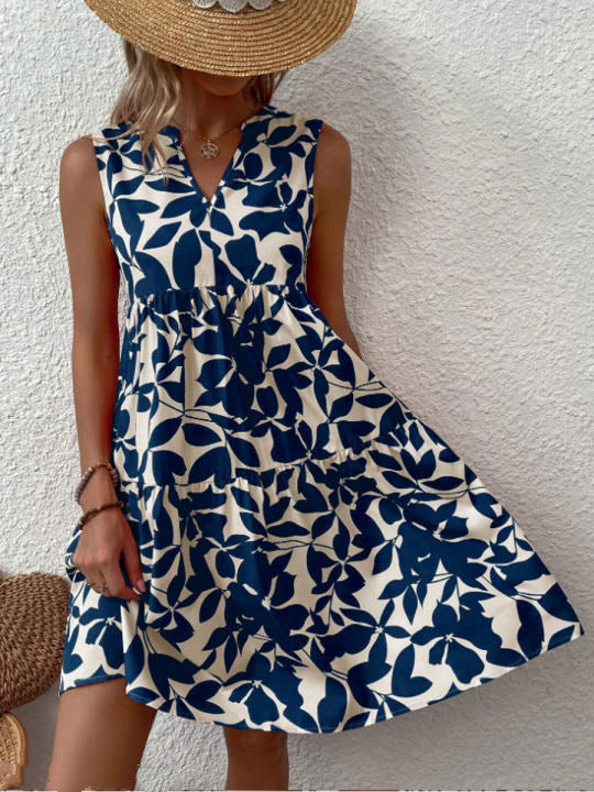 Women’s Mini Dress with Leaf Print and Tiered Skirt