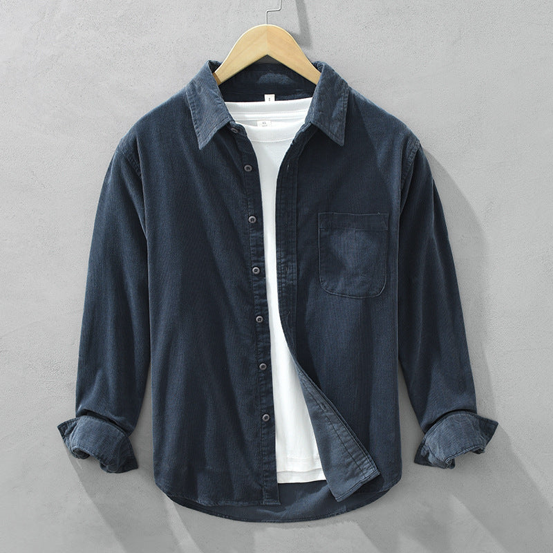 Corduroy Shirt with Buttons and Chest Pocket for Men