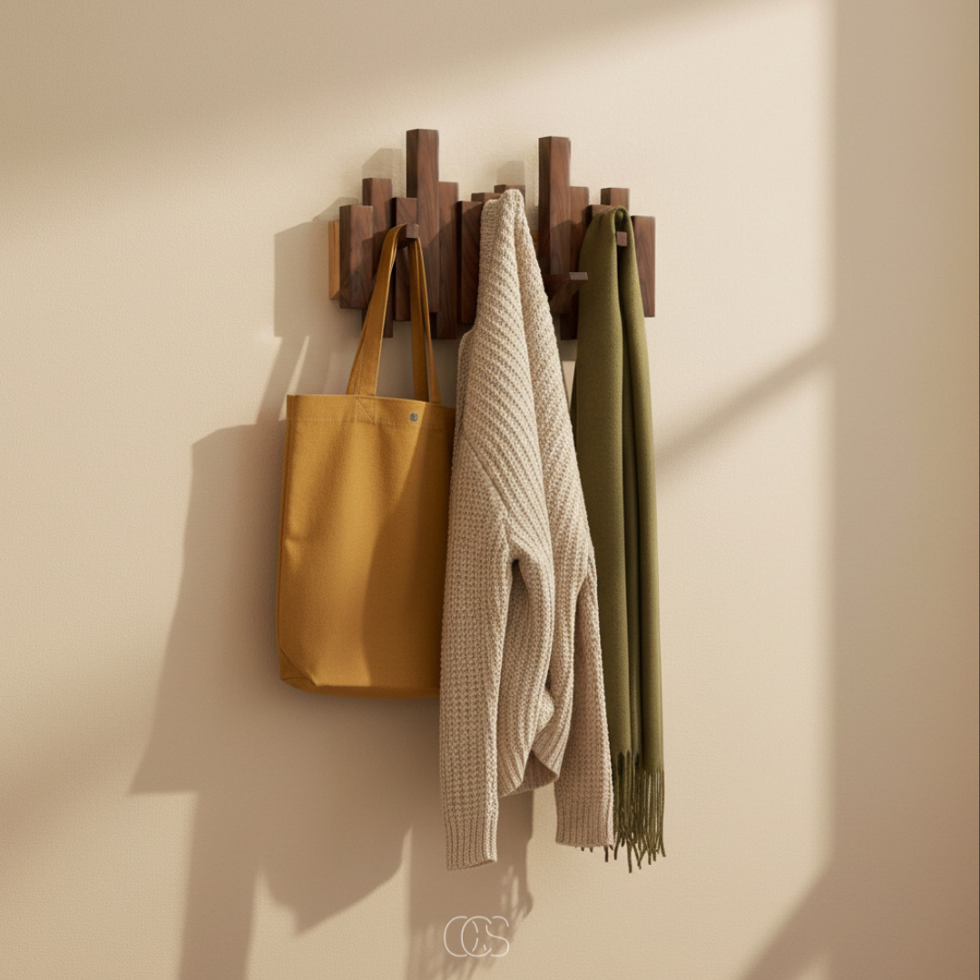 “Piano” Wooden Wall Coat Rack with Folding Hooks – Hallway & Bedroom