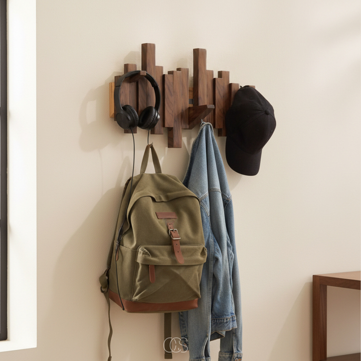 “Piano” Wooden Wall Coat Rack with Folding Hooks – Hallway & Bedroom