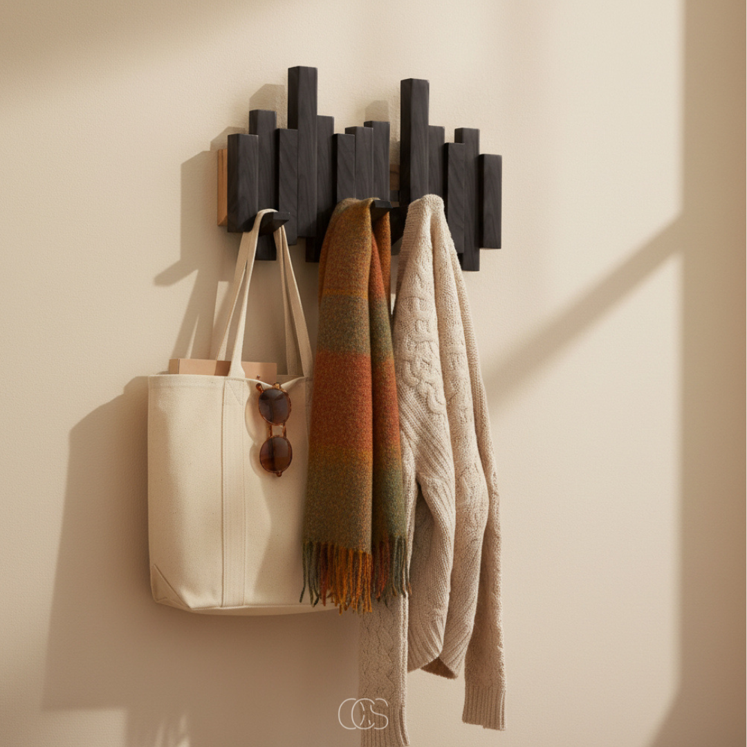 “Piano” Wooden Wall Coat Rack with Folding Hooks – Hallway & Bedroom