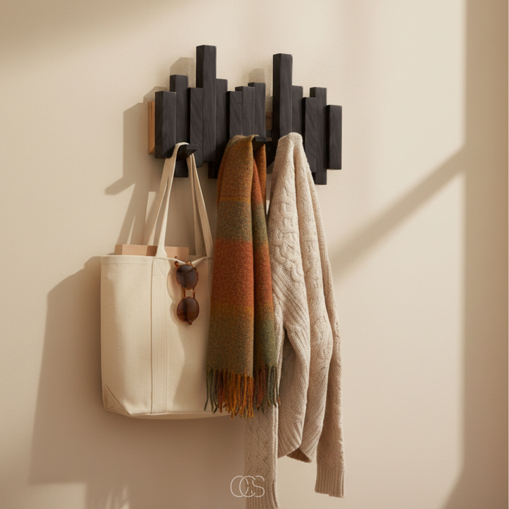 “Piano” Wooden Wall Coat Rack with Folding Hooks – Hallway & Bedroom