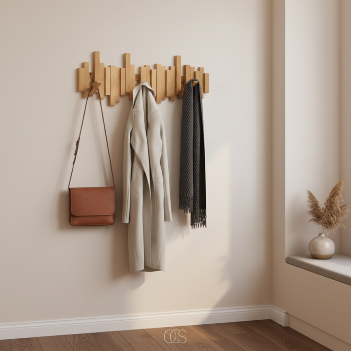 “Piano” Wooden Wall Coat Rack with Folding Hooks – Hallway & Bedroom