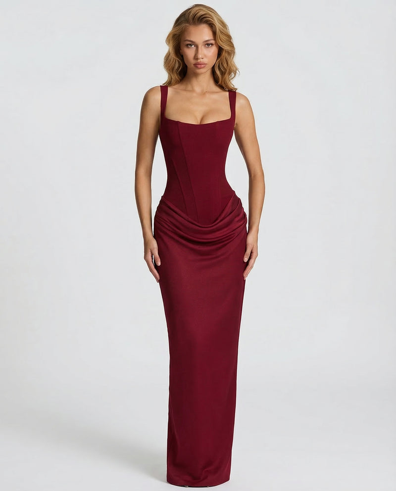 Corset Maxi Dress with Draped Skirt and Lace-Up Back