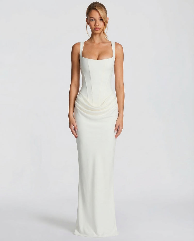 Corset Maxi Dress with Draped Skirt and Lace-Up Back