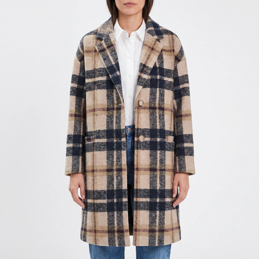 PlaidwellLong Checkered Lapel Coat For Women