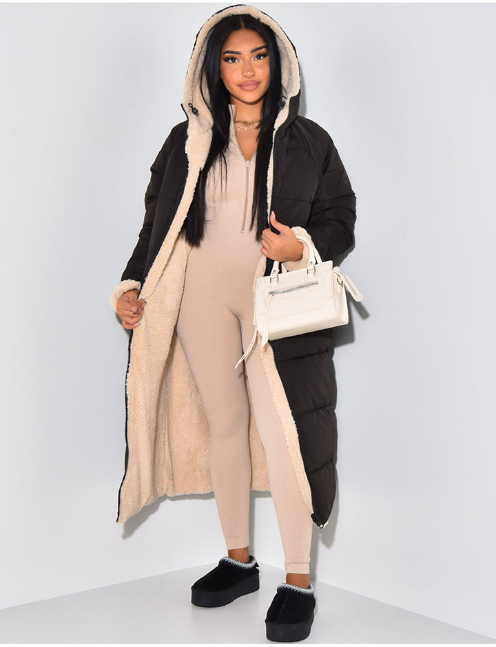 Women's Reversible Ankle-Length Hooded Quilted Coat