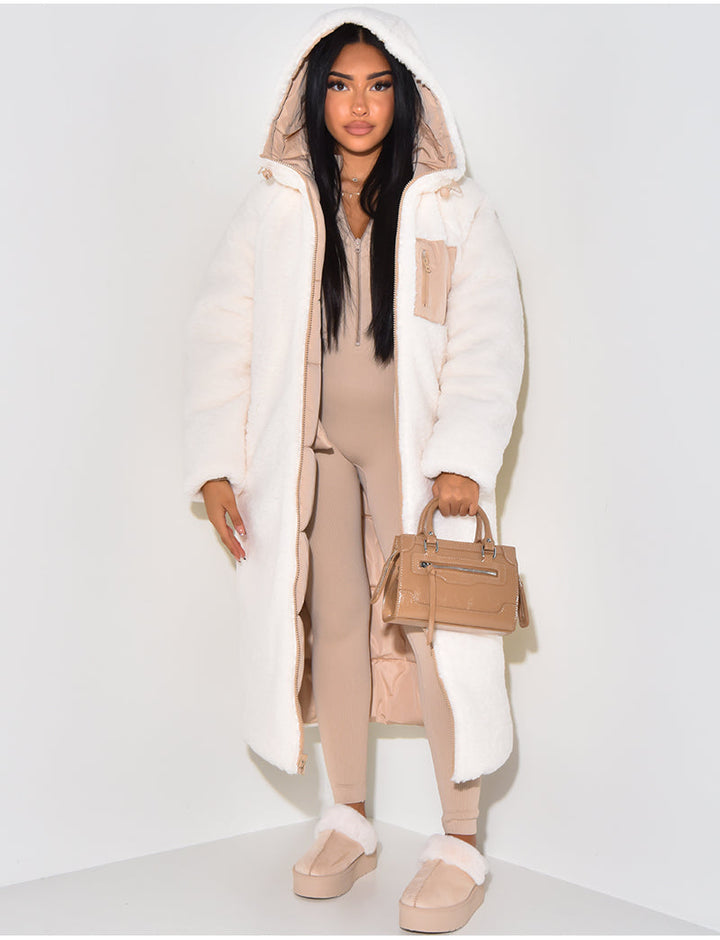 Women's Reversible Ankle-Length Hooded Quilted Coat