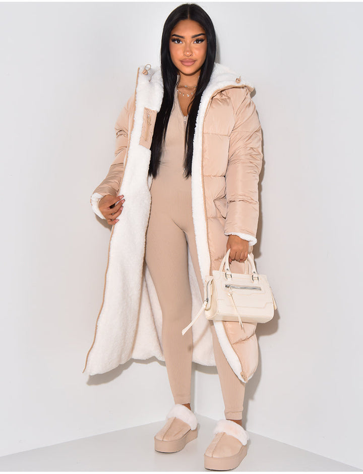 Women's Reversible Ankle-Length Hooded Quilted Coat