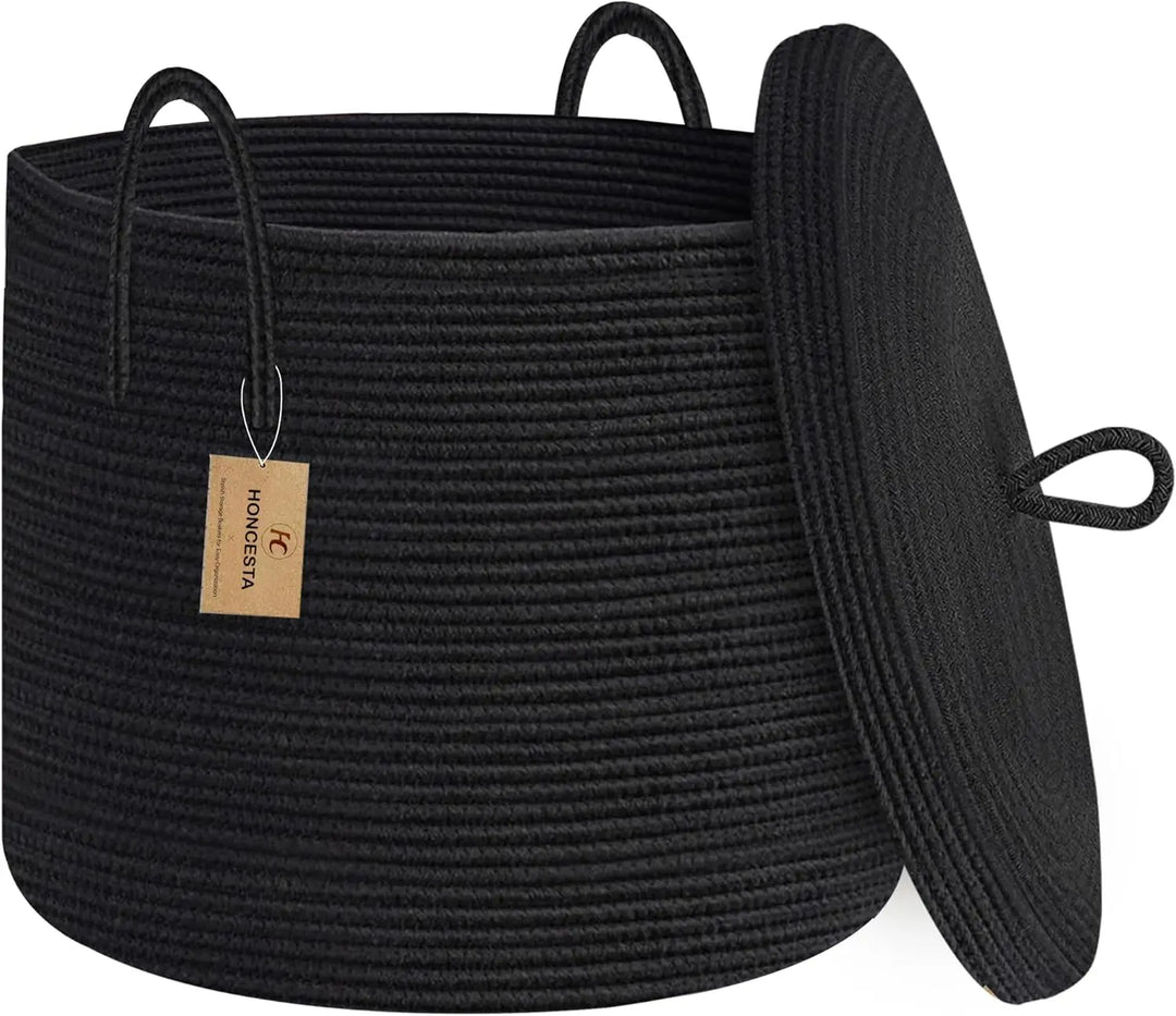 Large Black Cotton Rope Storage Basket with Lid – Selwyn