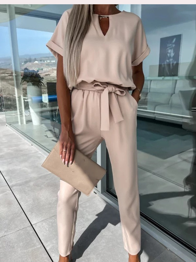 Short Sleeve Jumpsuit with Belt for Women