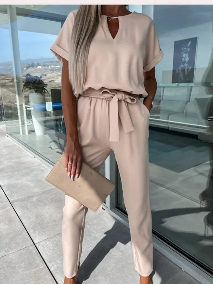 Short Sleeve Jumpsuit with Belt for Women