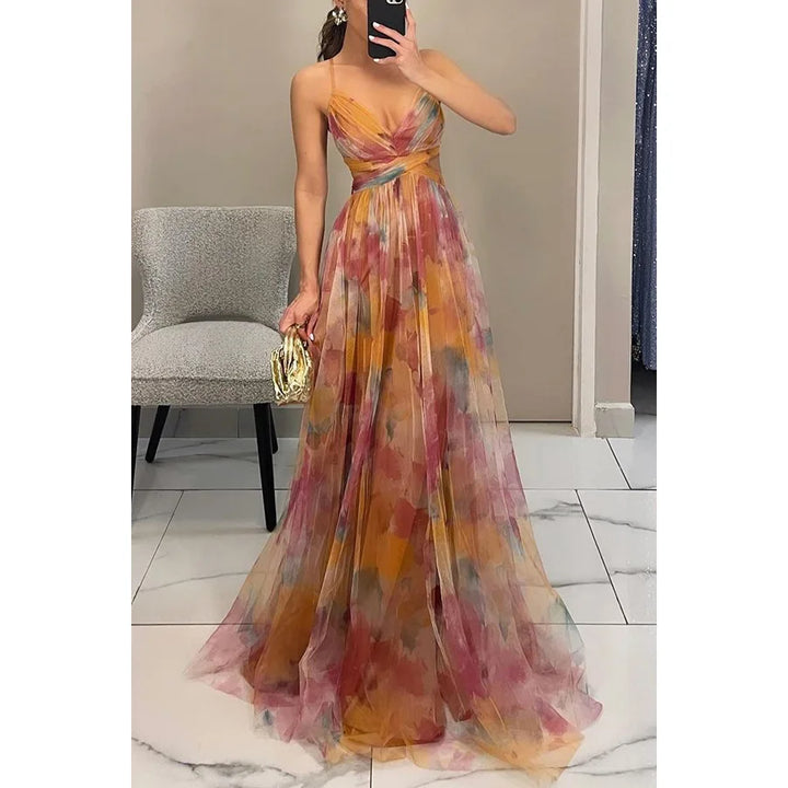 Women’s Sleeveless Long Dress with V-Neck and Floral Pattern