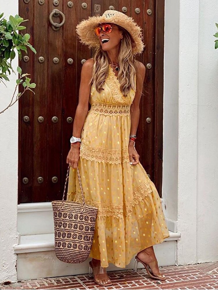 V-neck Summer Dress with Laces for Women