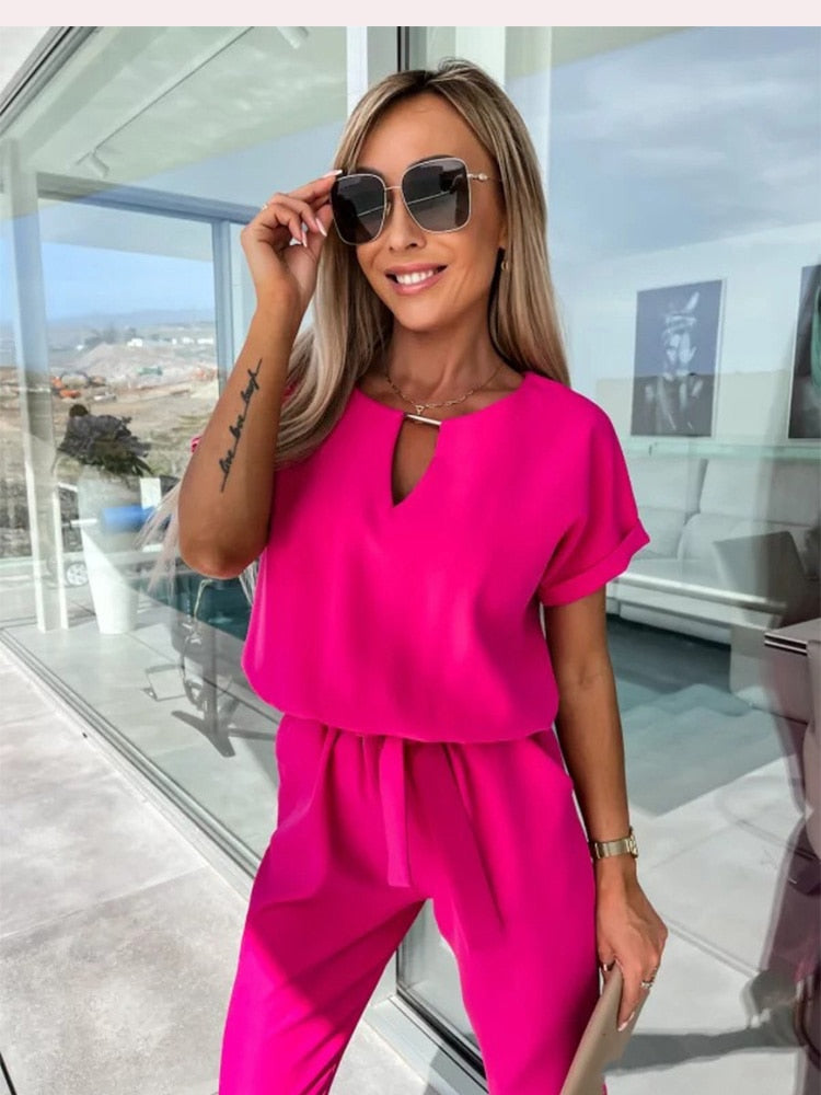 Short Sleeve Jumpsuit with Belt for Women