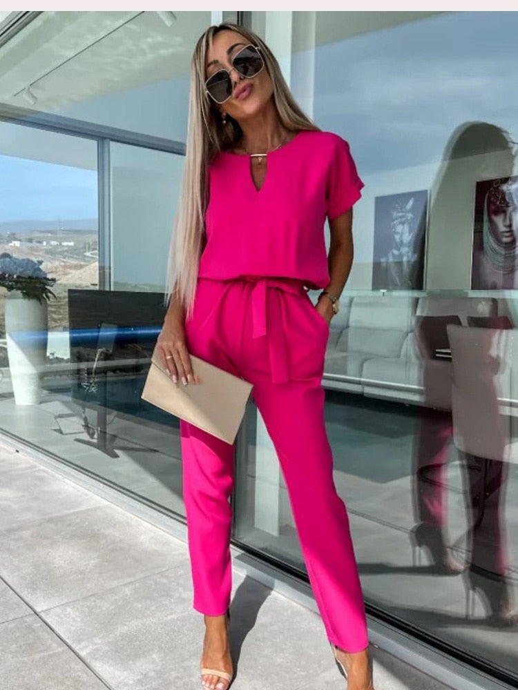 Short Sleeve Jumpsuit with Belt for Women