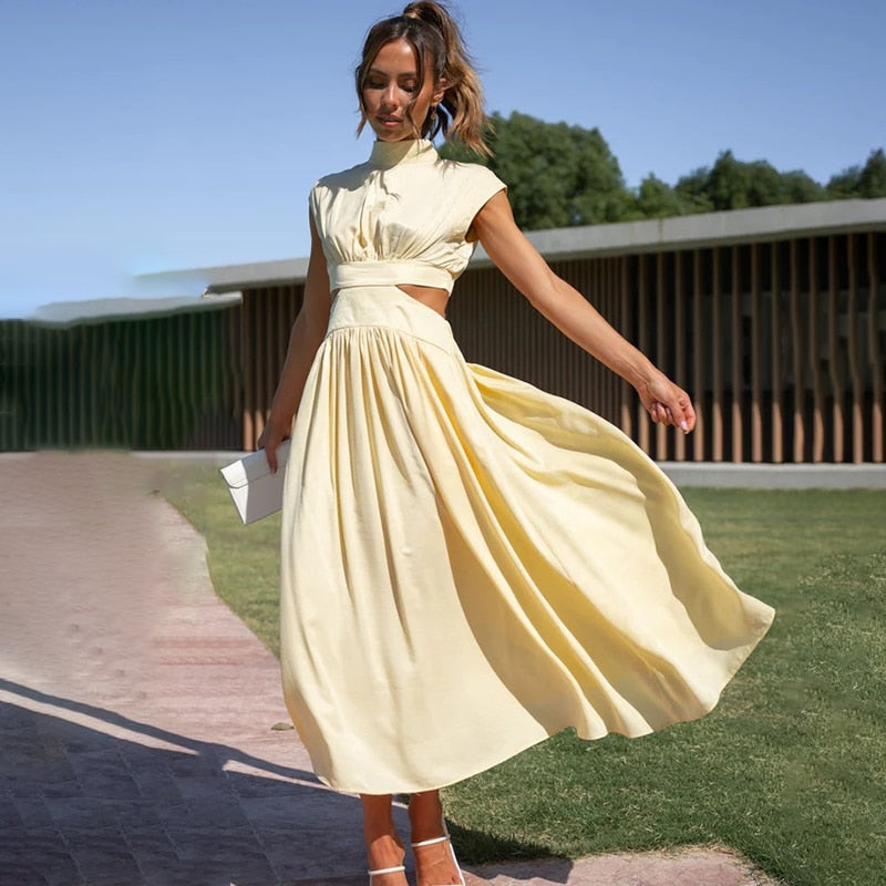 Women’s Midi-Length Pleated Dress with Cut-Out