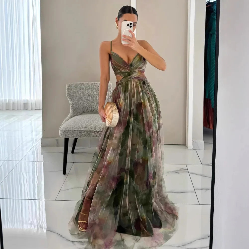 Women’s Sleeveless Long Dress with V-Neck and Floral Pattern