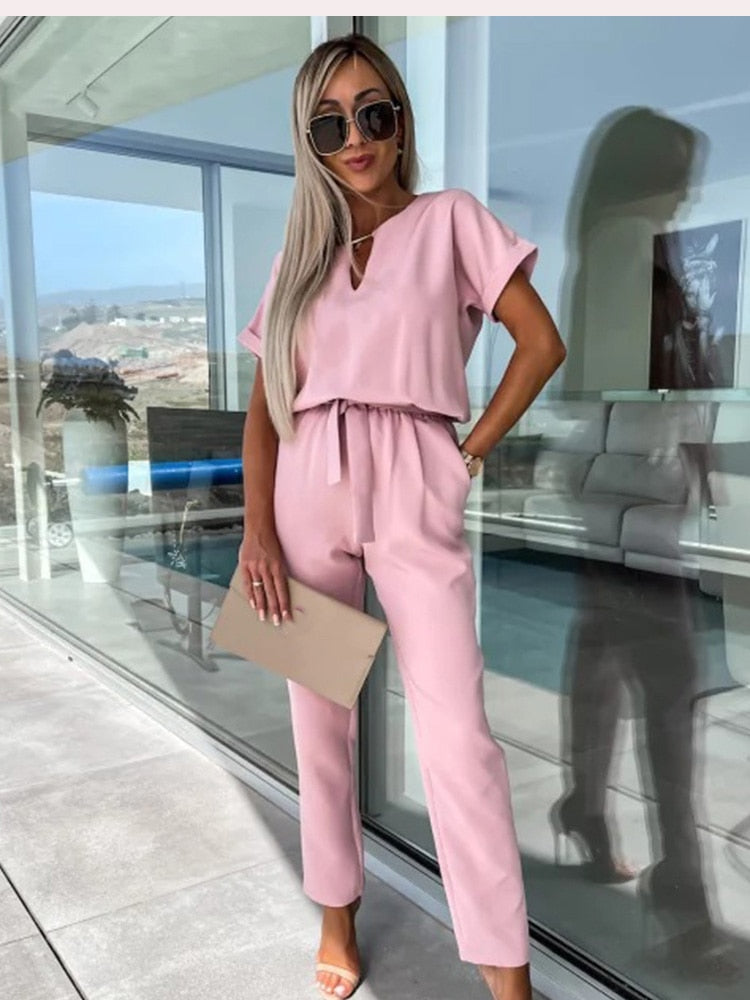Short Sleeve Jumpsuit with Belt for Women