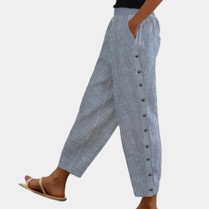 Women's Striped Pants with Button Detail