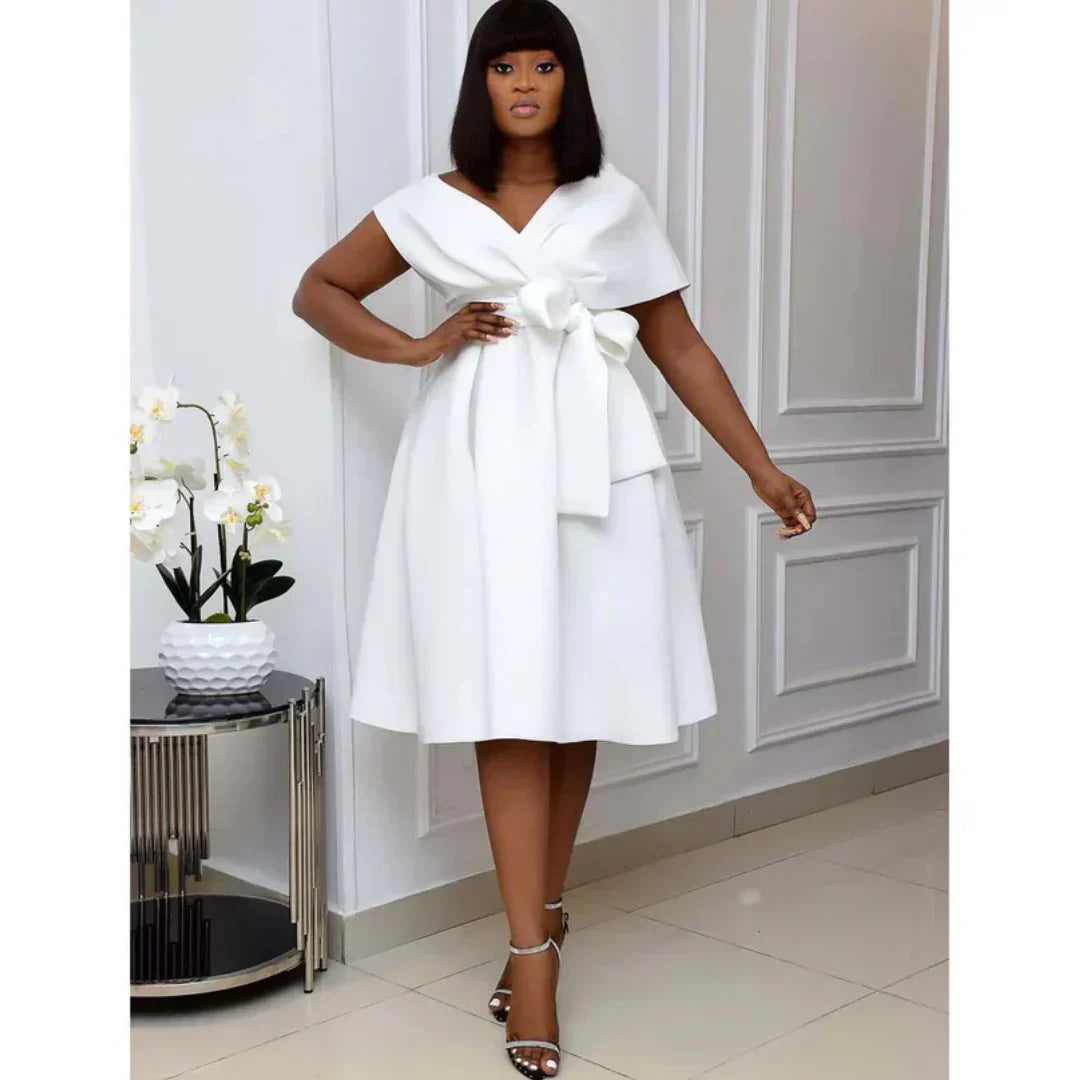 Women's Off-the-Shoulder Midi Dress with Waist Bow