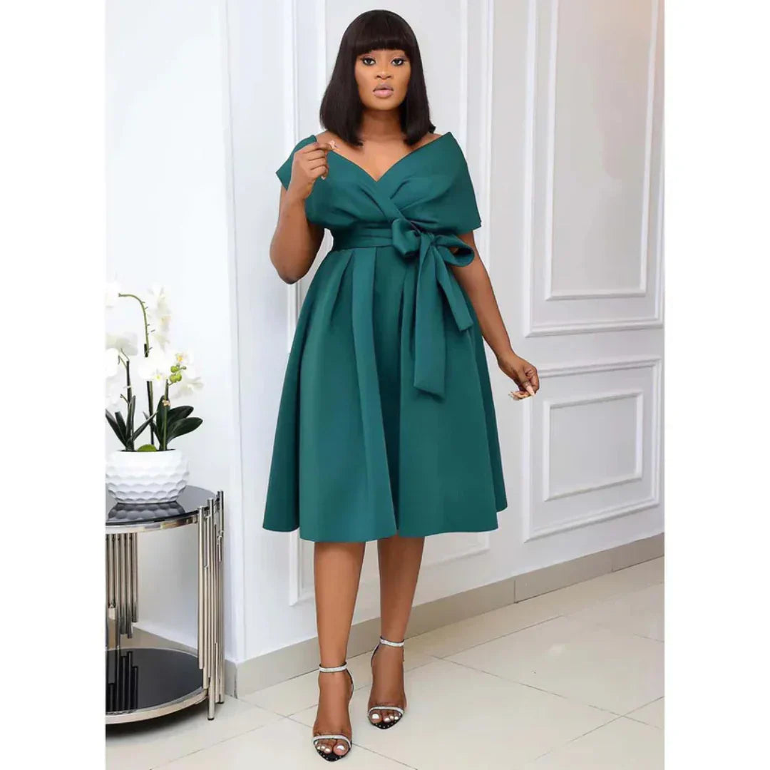 Women's Off-the-Shoulder Midi Dress with Waist Bow