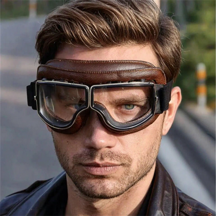 VintroggRetro-Style Leather-Frame Motorcycle Goggles