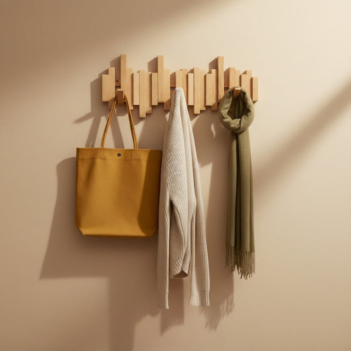 “Piano” Wooden Wall Coat Rack with Folding Hooks – Hallway & Bedroom