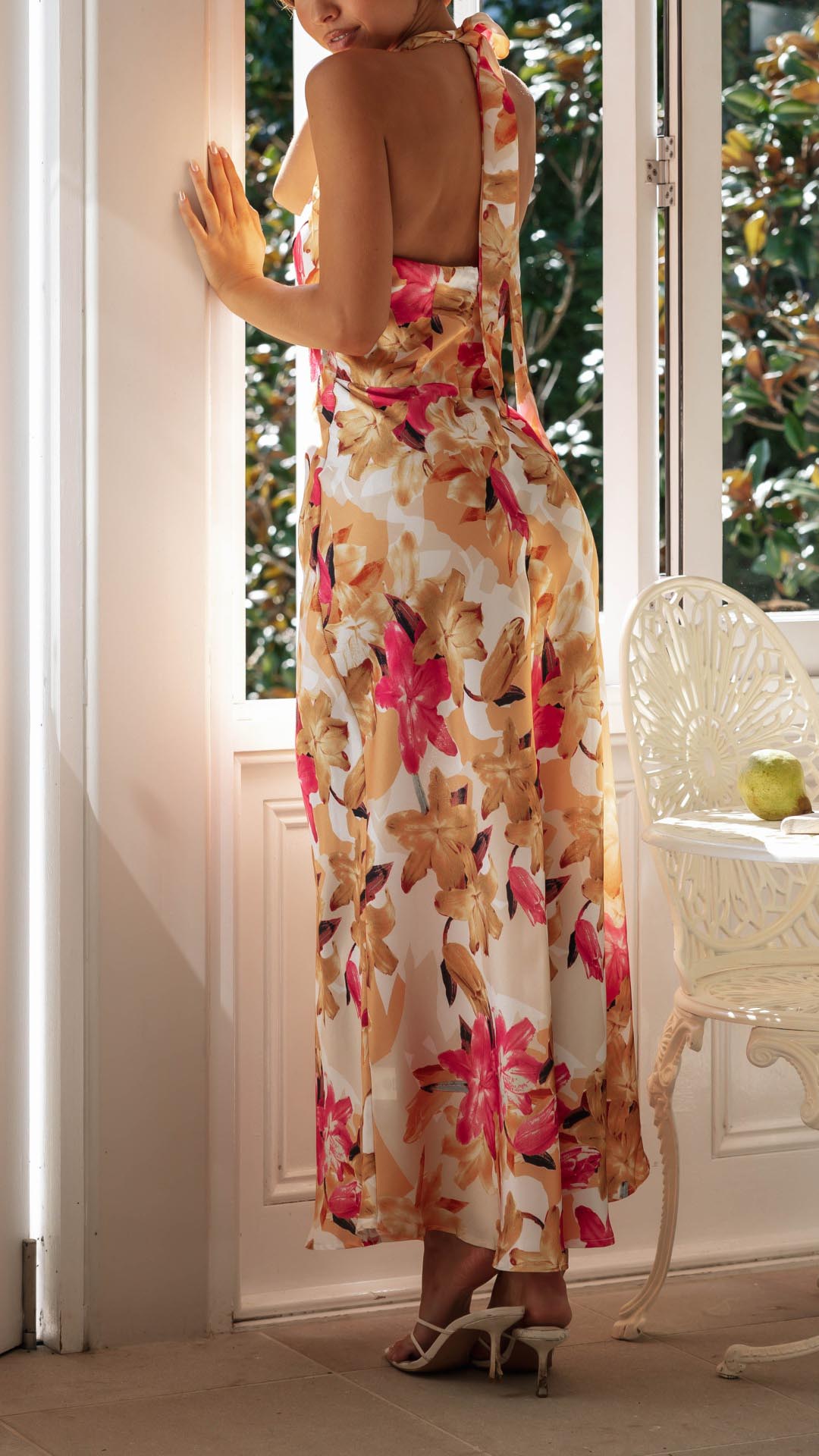 Women's Floral Maxi Dress with Halter Neck and Tie Knot at the Back