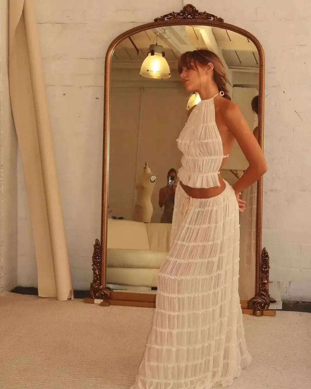 Women's Two-Piece Halter Top and Tiered Maxi Skirt Set