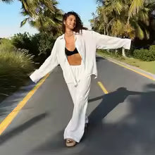 Women's Two Piece Set with Long Sleeve Top and Wide Leg Pants