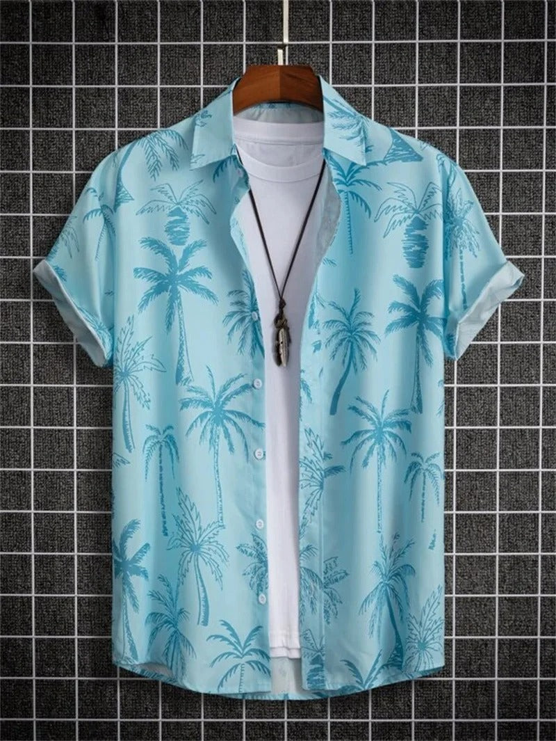 Men’s Short-Sleeved Shirt with Button Placket and Print