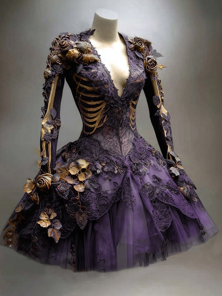 Gothic Skeleton Long-Sleeve Mini Dress for Halloween