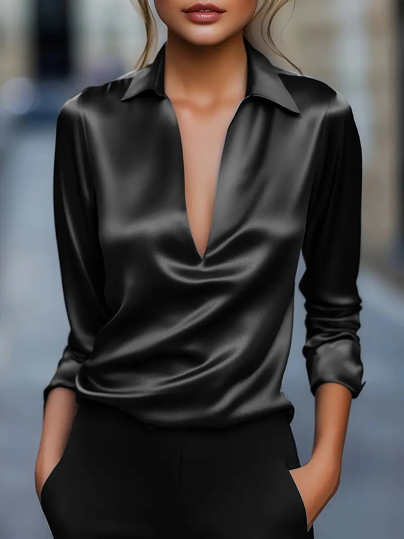 Women's Satin V-Neck Blouse with Draped Collar