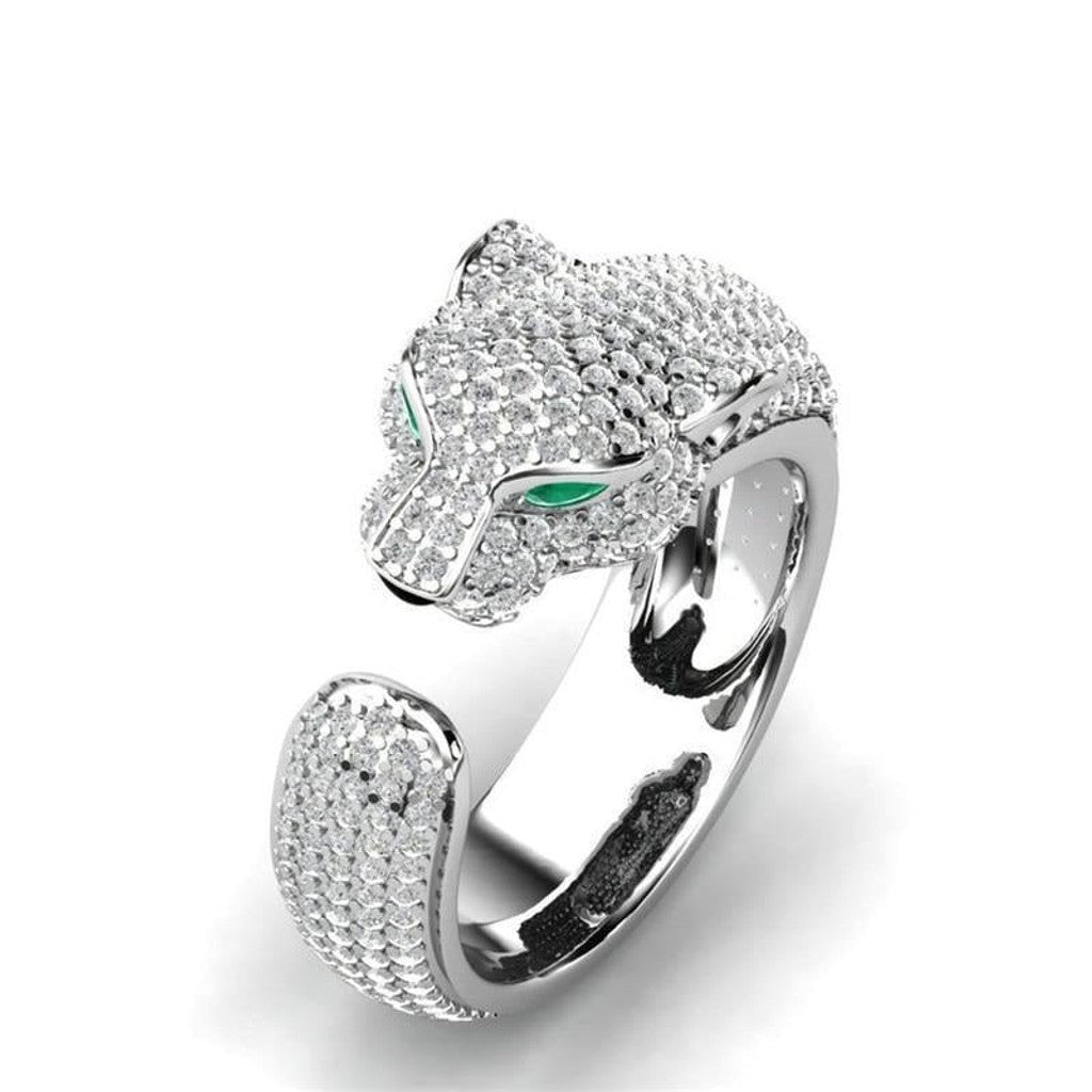 Adjustable Jaguar Ring made of 18K Silver and 18K Rose Gold with Green Zirconia Eyes — image 1