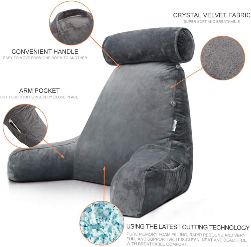 Cozy Reading Bed Pillow with Arms - Plush Velour Support