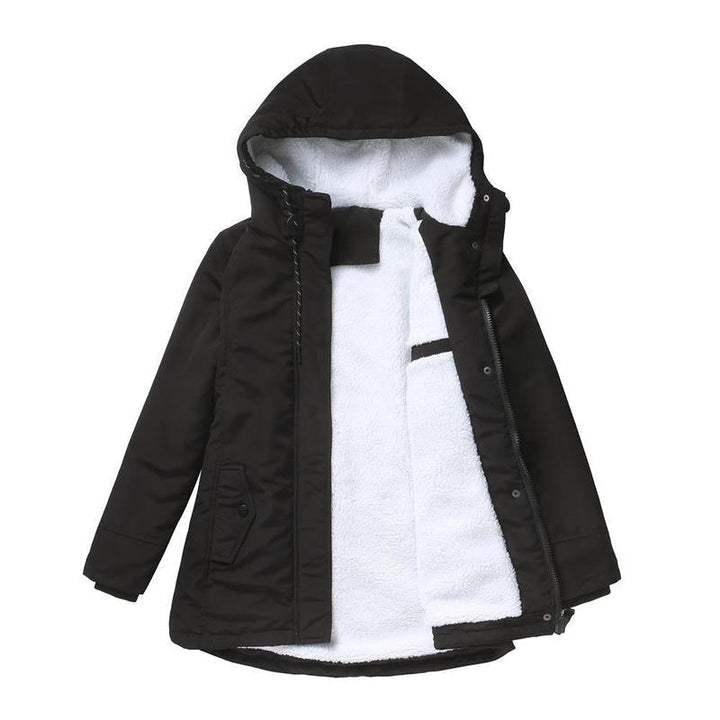 Women's Fleece-Lined Hooded Parka with Drawstring Hood and Flap Pockets