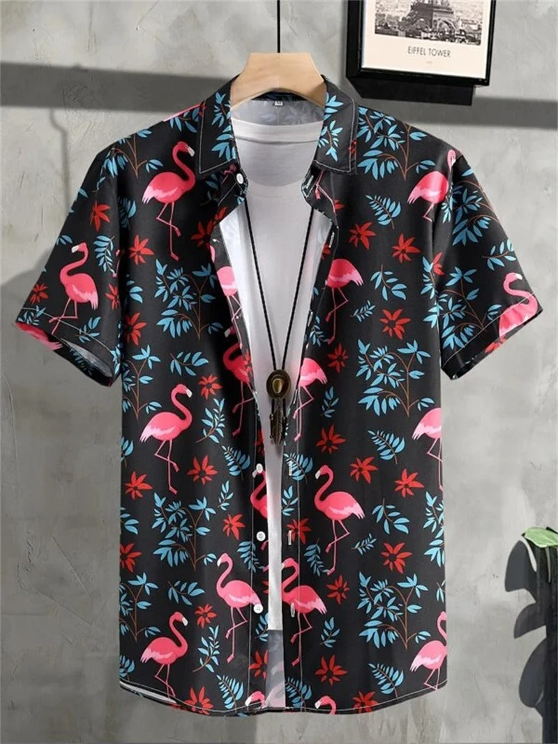 Men’s Short-Sleeved Shirt with Button Placket and Print