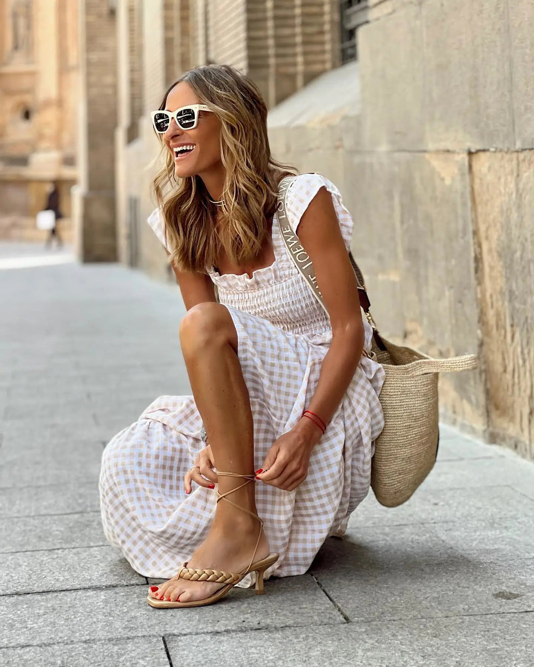 Women’s Checked Midi Dress with Tiered Skirt