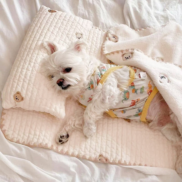 Embroidered Cotton Pet Pillow Quilt Bed Set