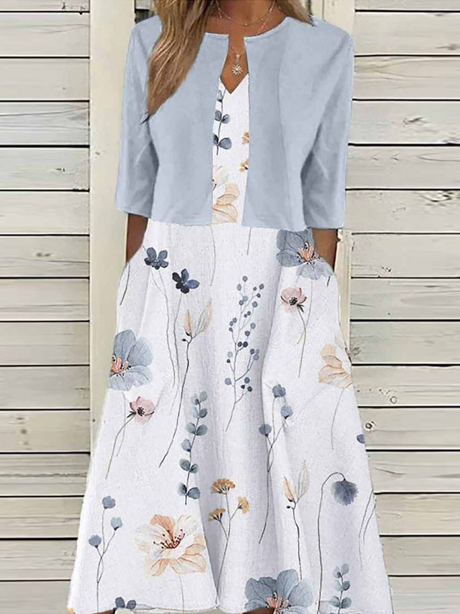 Women’s Floral Midi Dress with Crop Blazer Set