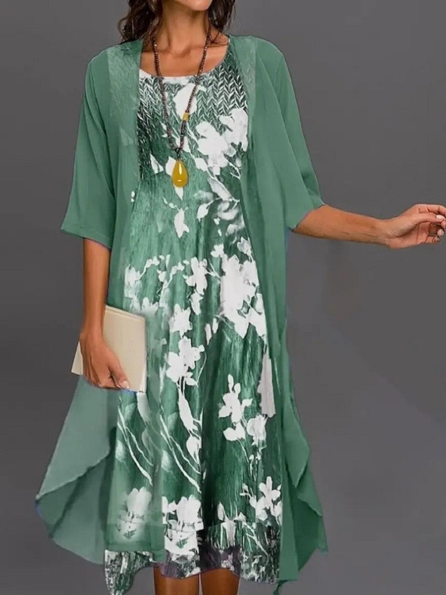 Women’s Floral Print Midi Dress with Cardigan