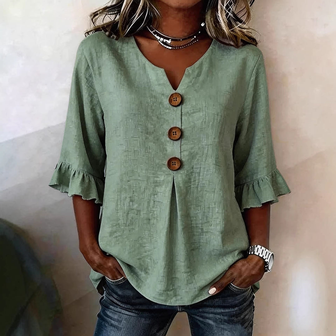 Women’s Ruffled Sleeve V-Neck Button Top