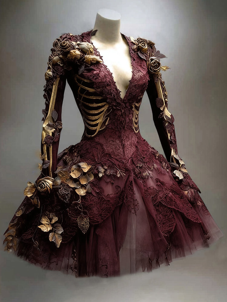 Gothic Skeleton Long-Sleeve Mini Dress for Halloween