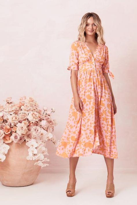 Women's V-Neck Midi Dress with Front Buttons