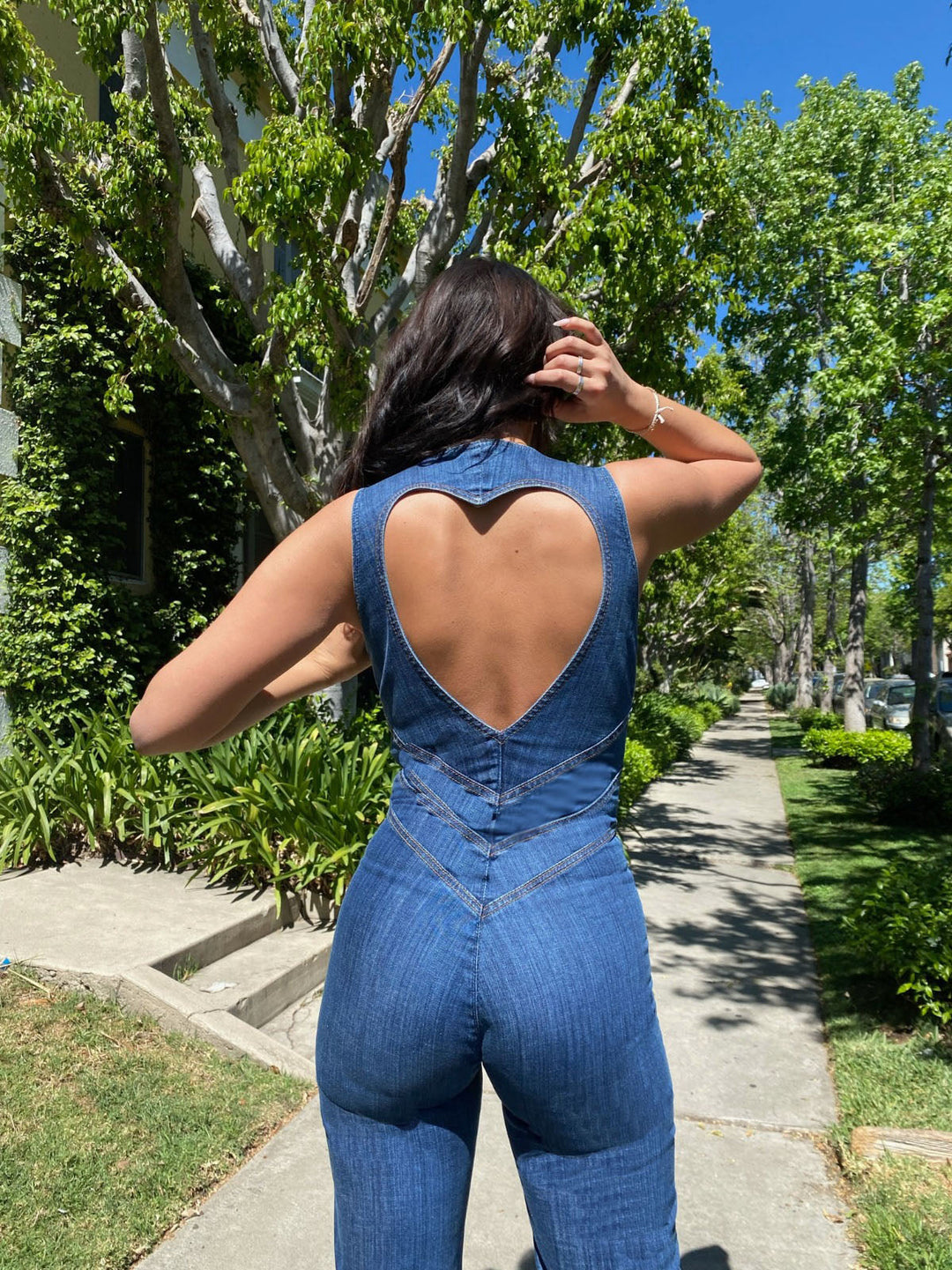 Women's Heart-Shaped Backless Denim Jumpsuit – Sakura
