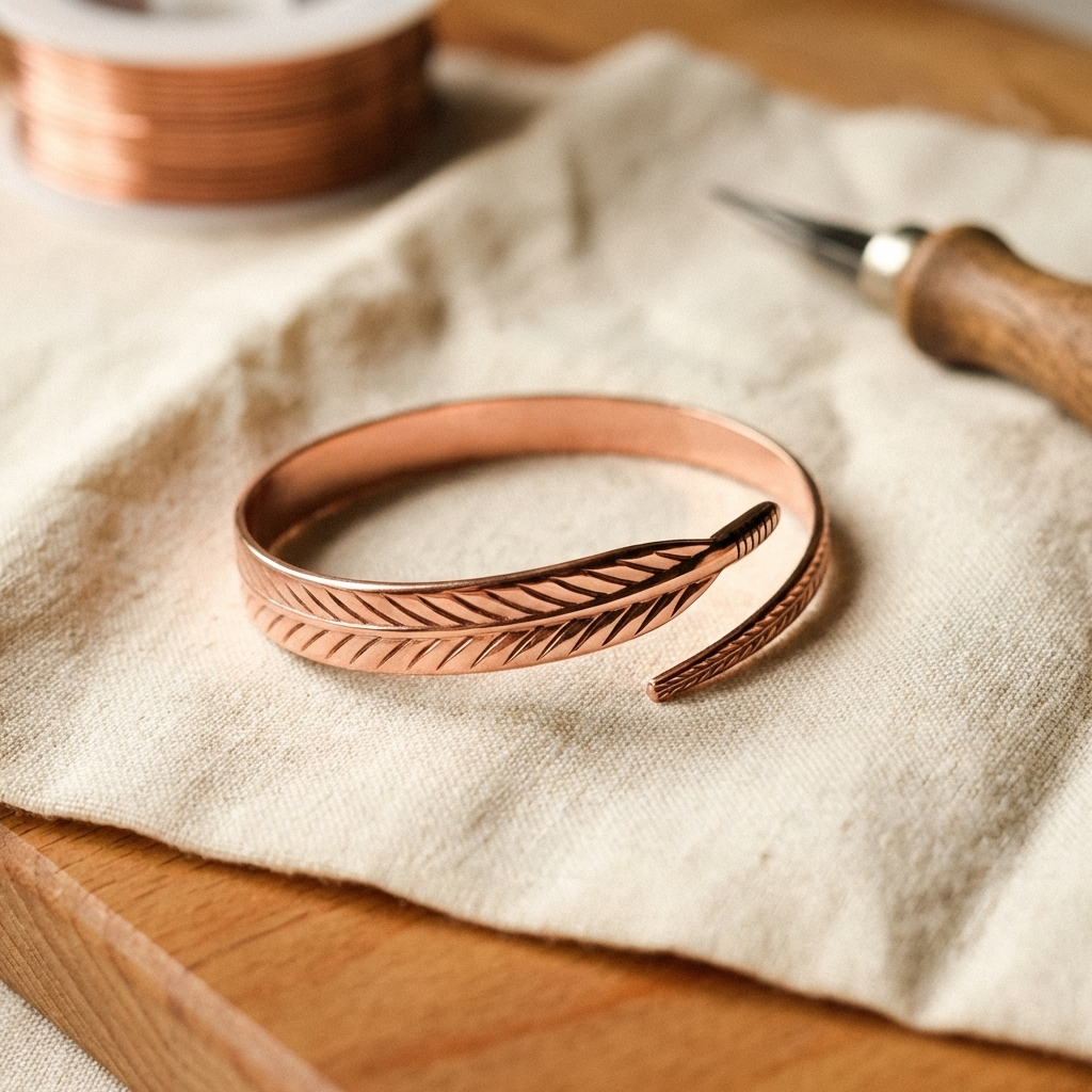 Hand-Engraved Feather Copper Bracelet, Adjustable Size