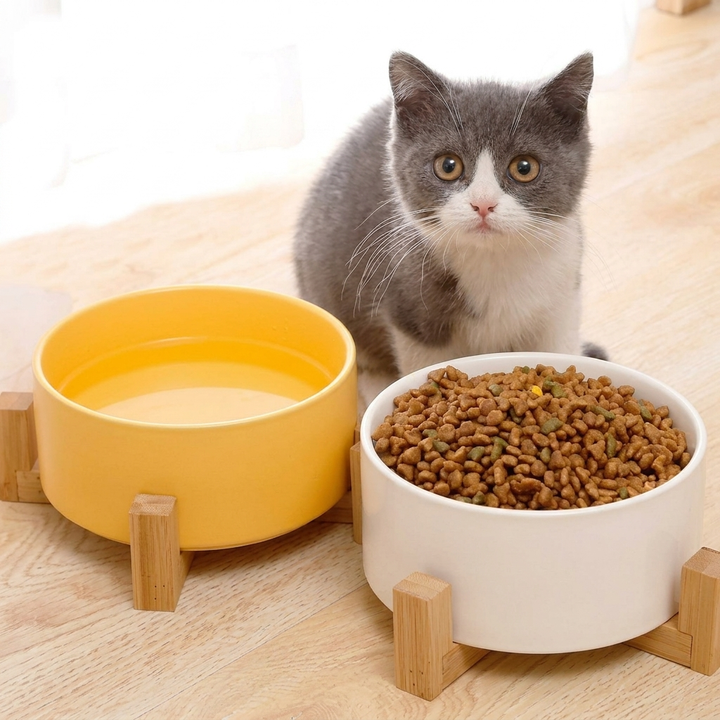 PawFeast Ceramic Dog Bowl – Stylish Dining with Wooden Stand