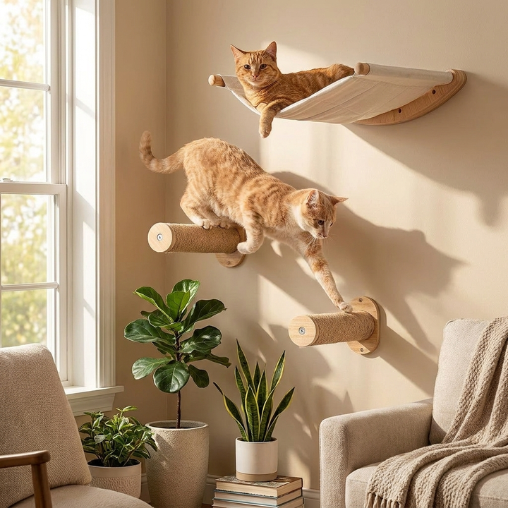 Wall-Mounted Cat Shelves & Hammock with Steps