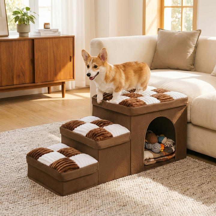 Chessboard Handcrafted Dog Steps with Storage & Condo